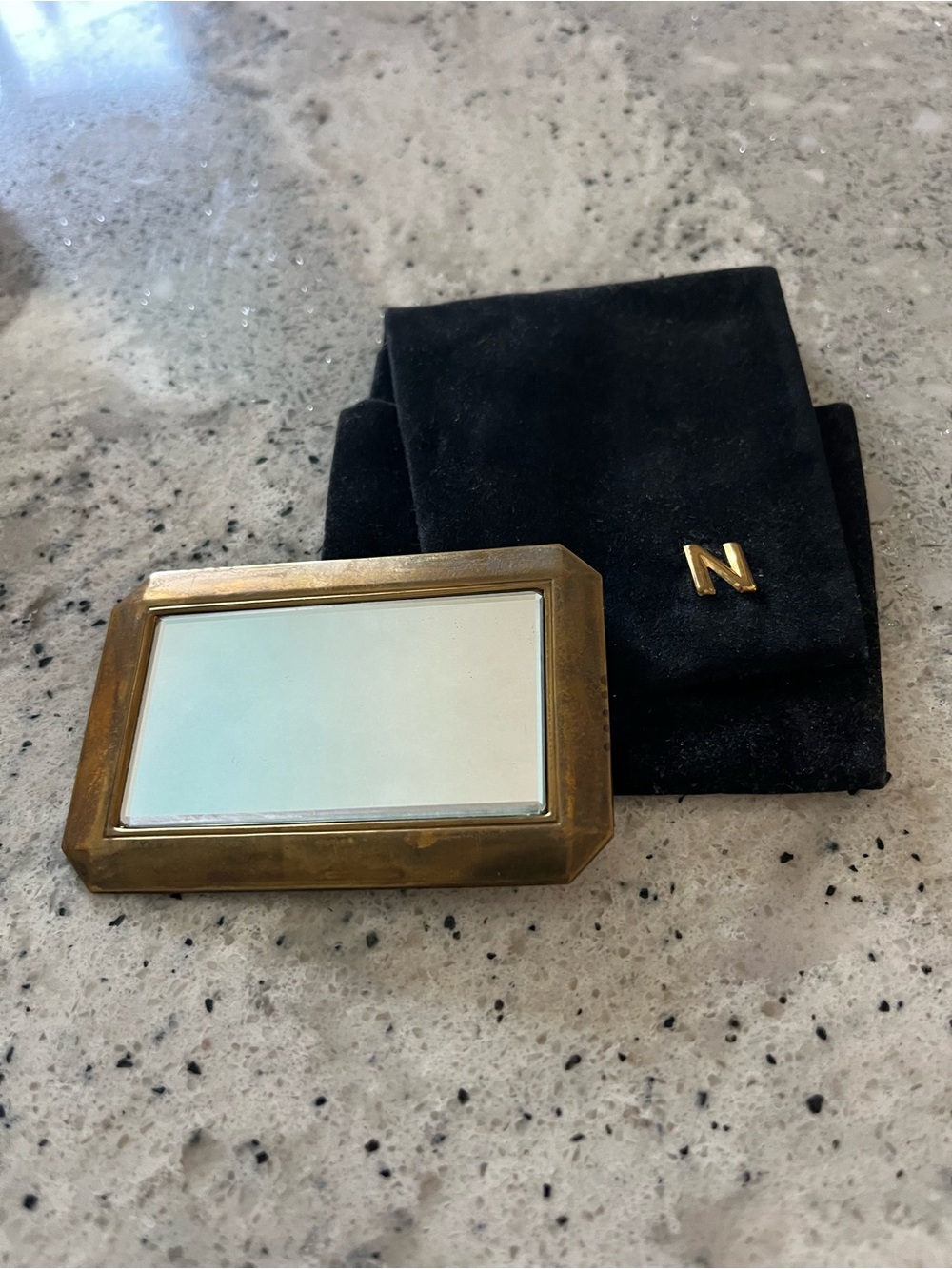Vintage Brass Pocket Mirror with Black Velvet Pouch